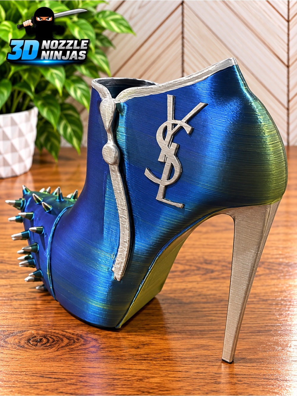 Handcrafted Hand Painted 3D Printed YSL Logo Spiked Stiletto Sculpture Decor